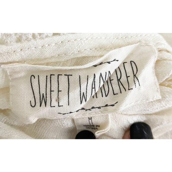 Sweet Wanderer Women's Cropped Sheer Beige Blouse Ruffle Whimsy Feminine Prairie - Picture 6 of 8